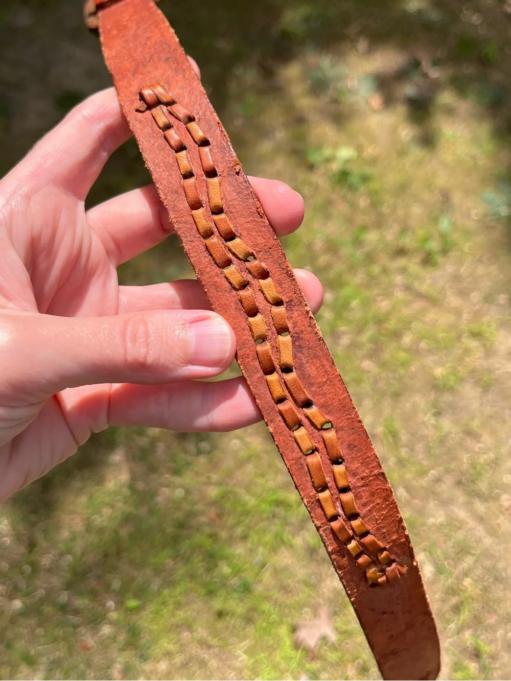 70s Handmade Floral Tooled Genuine Leather Belt Wooden Buckle Boho Cottagecore